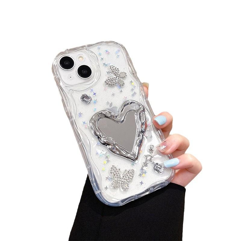 Applicable To Apple 17Promax Mobile Phone Case 15 Love Makeup Mirror Iphone16 Mirror Butterfly Rhinestone 13 Glitter