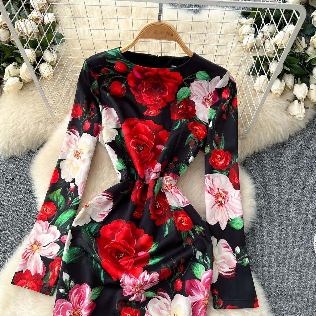 Summer Autumn Women Designer Retro Print Rose Runway Dress Full Sleeve  Office Work Party Slim Bodycon Pencil Dresses Buy cheaply on Joom