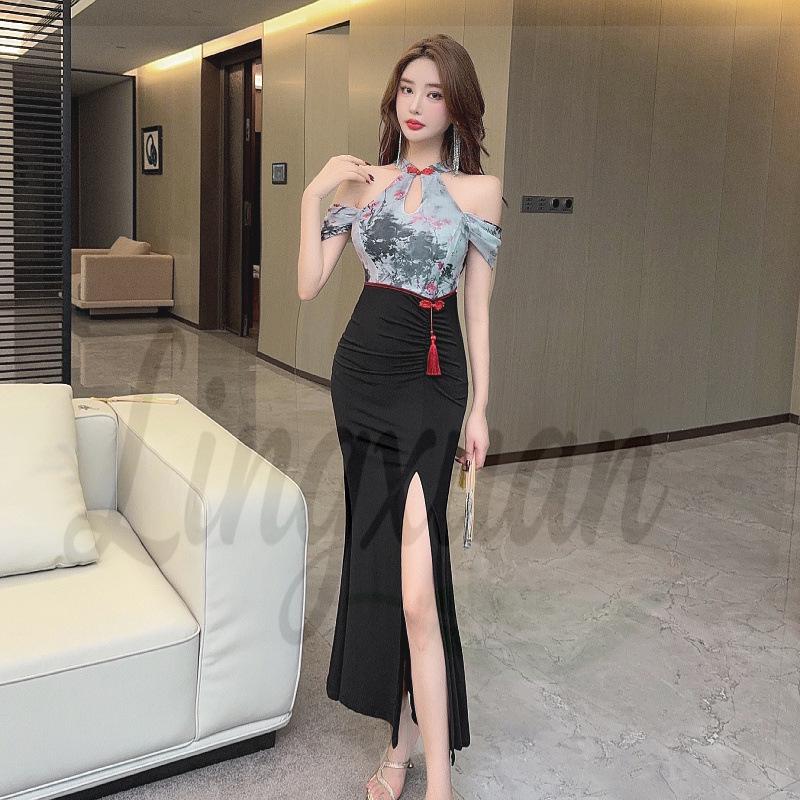 Elegant Slimming Chinese Cheongsam Long Dress Small серый