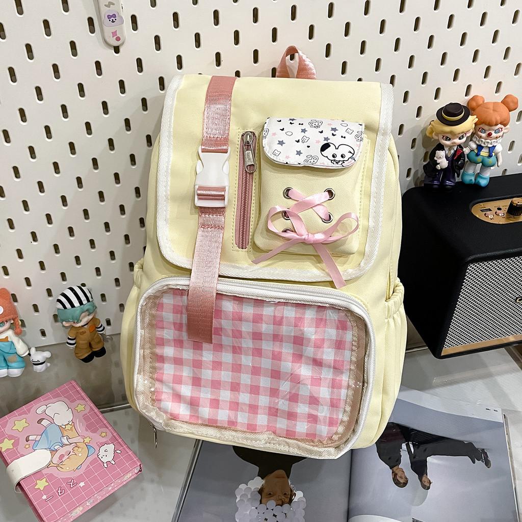 Designed Backpack Minimally With Grid Print And Bow Decoration For Daily