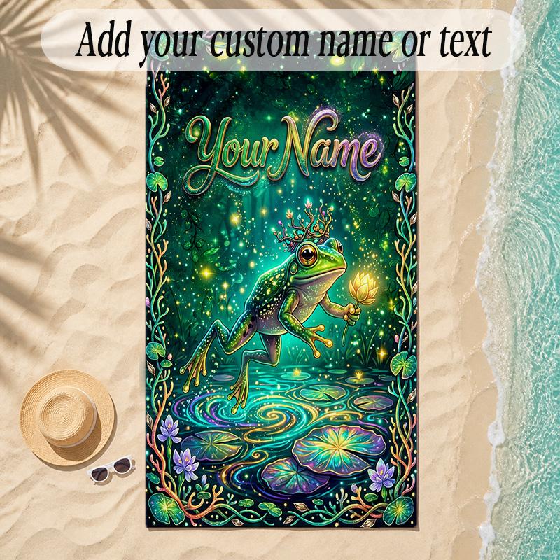 Frog Theme Soft Beach Towel Personalized Custom Name Text Towel Portable for Beach Pool Travel