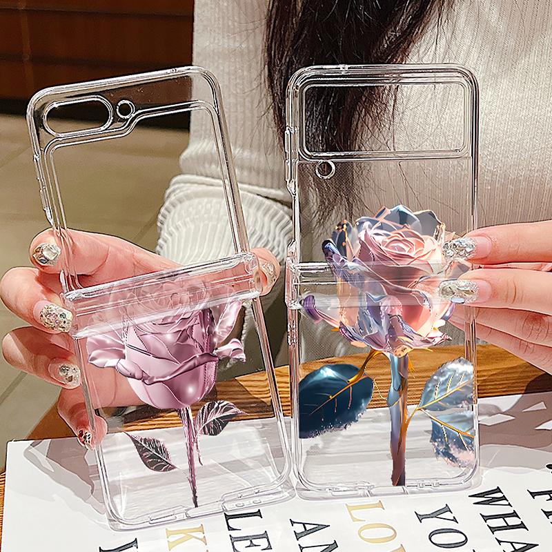 Rose Pattern Clear Phone Case For Samsung Galaxy Z Flip6 Flip5 Flip4 5G Hard PC Flower Folding Cover For Samsung Z Flip 6 5 4 3