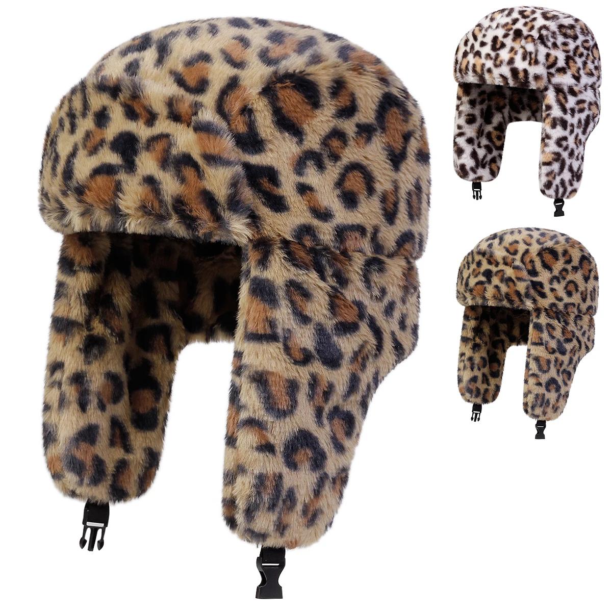 Comfortable Home Life Women's Brown Unisex Plush Leopard Print Lei Feng Hat Winter Earflap Hat Keep Warm Ski Hat Bomber Hat For Outdoor Riding Snow Activities