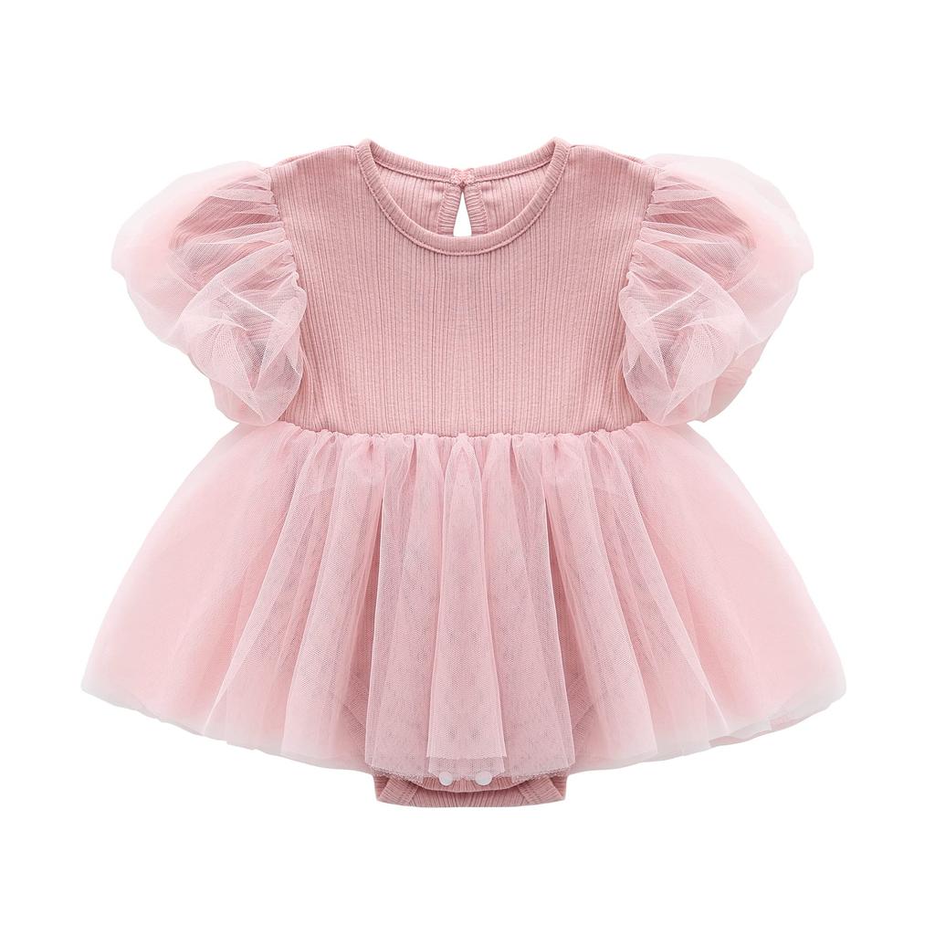 Baby Summer Short Sleeve Dress with Tulle Skirt and Hair Ruffled Solid Baby Prep Gift Girl's Coverall, Accessory, Pink, 6M,