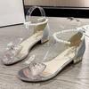 Fashion Bowtie Pearl Crystal Low Heel Sandals Women Gold Pearl Ankle Buckle PVC Sandals Plus Size Light Comfort Square Heels Sandals