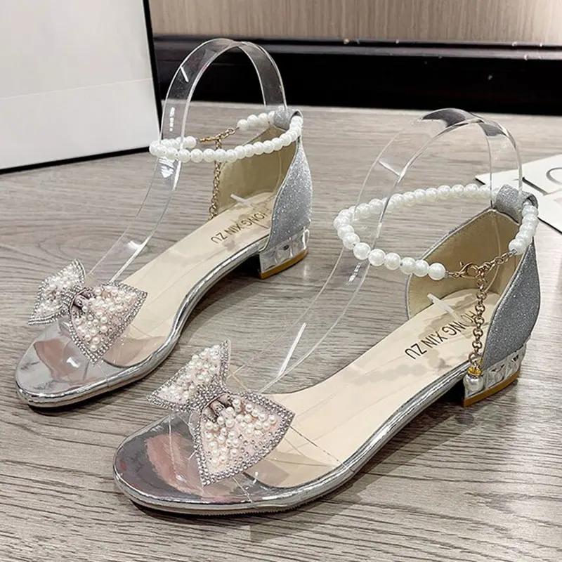 Fashion Bowtie Pearl Crystal Low Heel Sandals Women Gold Pearl Ankle Buckle PVC Sandals Plus Size Light Comfort Square Heels Sandals