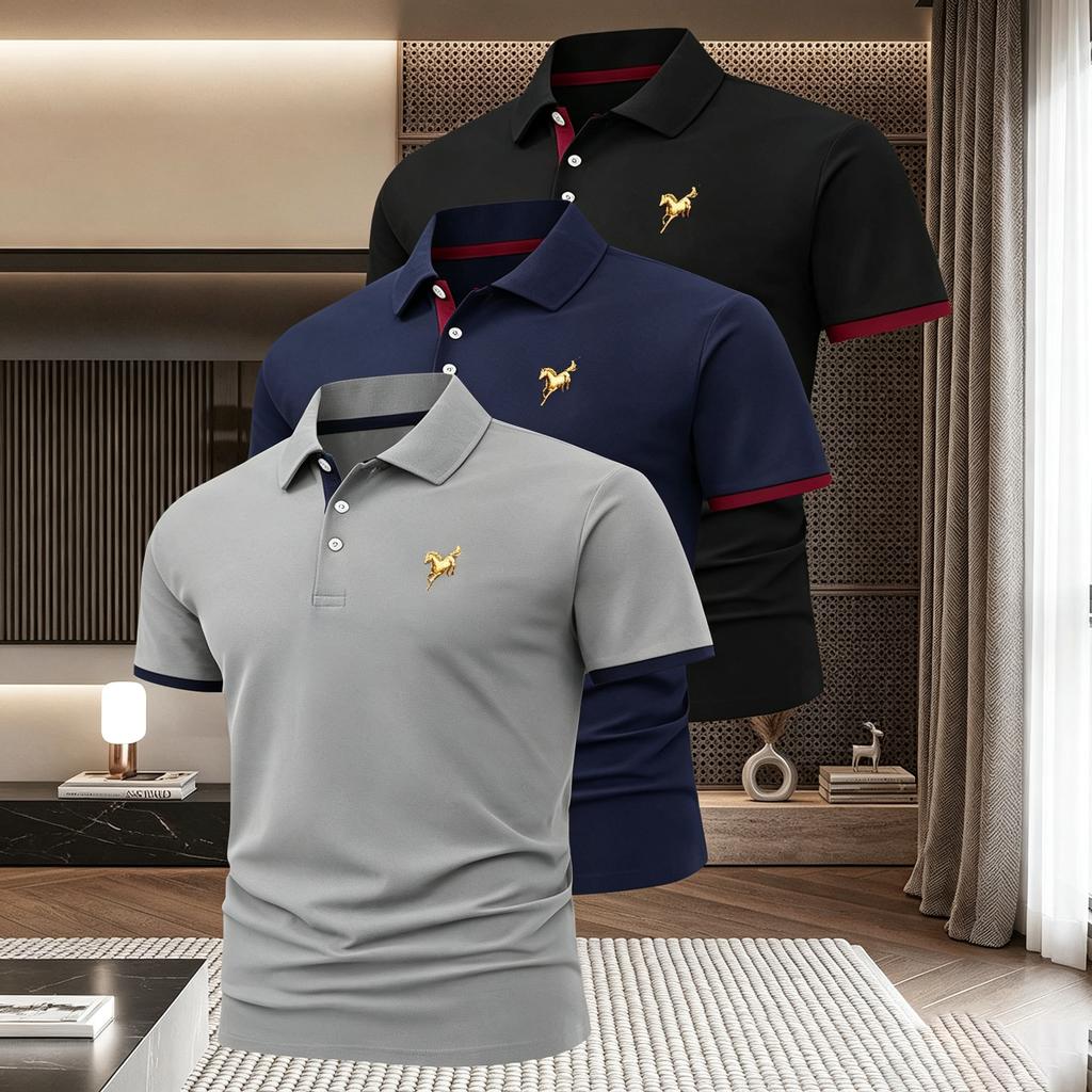 Men's 3-Pack Golf Shirt 3Button, Contrast-Color Sleeve Edges, Moisture-Wicking, Quick-Drying, Versatile Collared Top for Home and Outings