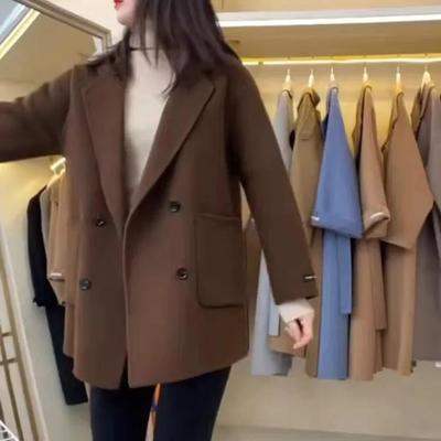 Coffee-Colored Double-Faced Wool Coat - Women's Short, Loose Korean Style for Autumn/Winter 2025.
