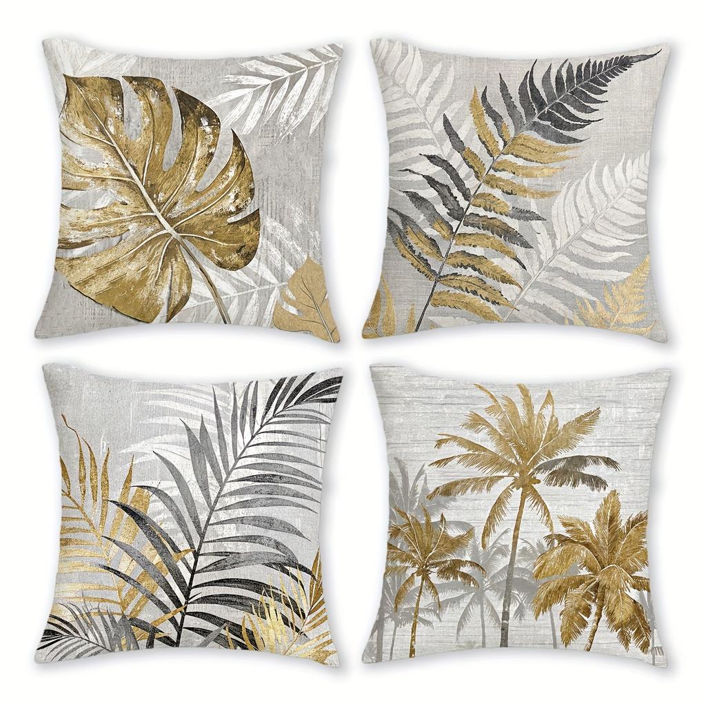 Golden Leaf & Palm Tree Pillowcase ,Sofa Bedroom Cushion Cover, Single-sided Printing, Without Pillow Core