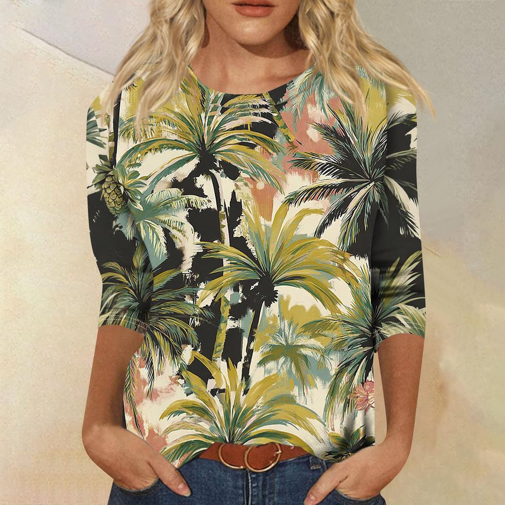 Women's Fashionable Casual Round Neck Three-Quarter Sleeve Printed T-Shirt Top