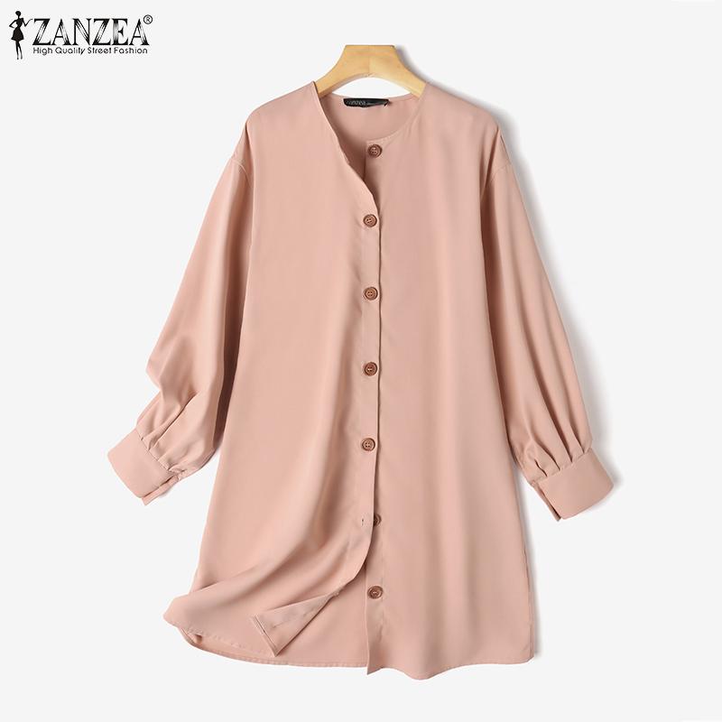 

ZANZEA Женская повседневная свободная блузка с круглым вырезом и длинными рукавами на пуговицах