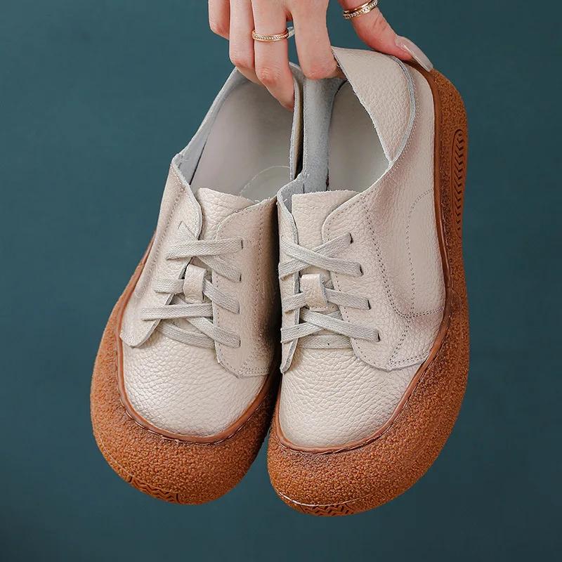 Retro Oxford Sneaker Woman Cow Leather Shoes For Women  Vintage Lace Up Leather Sport Shoes Soft Flat Moccasins