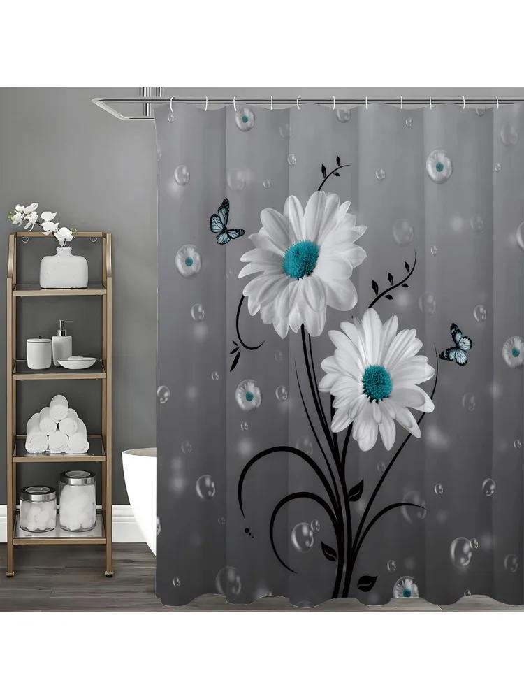 

~O~Серый Дачный Душевой Занавес, Декоративный Душевой Занавес для Ванной Комнаты, Водонепроницаемый Душевой Занавес с Крючками W90xH180cm