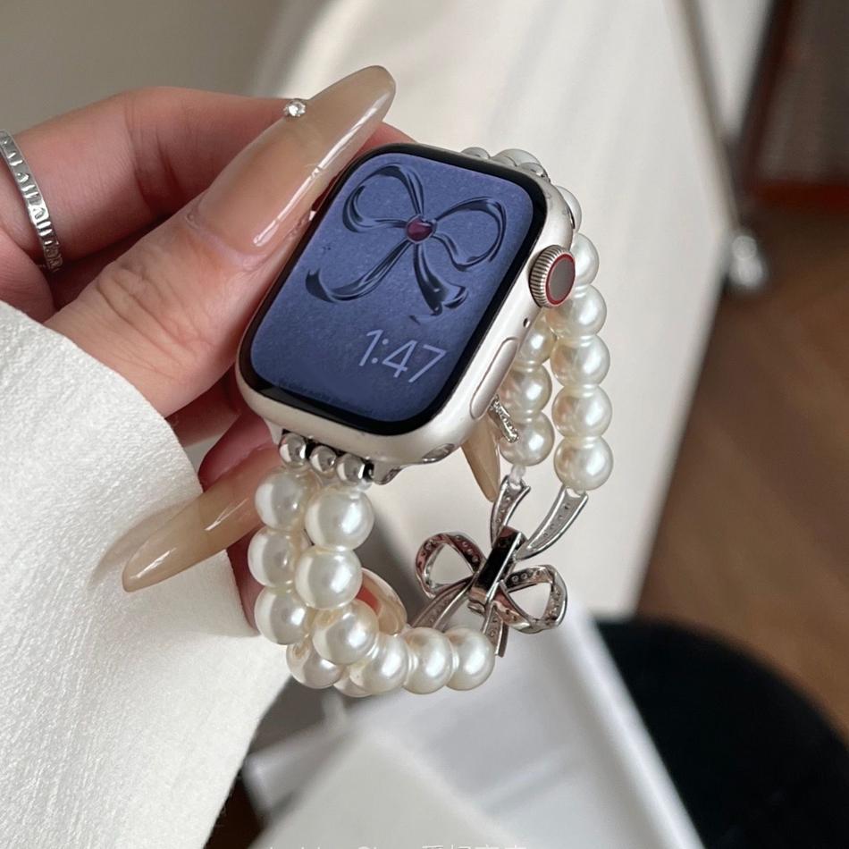 Strap For Apple Watch Band S11 S10/9/8/7/6/SE/Ultra 3 2 IWatch 49/46/45/44/42/41/40/38mm Luxury Bowknot Pearl Elastic Bracelet