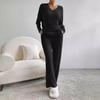 Women Casual Loose V Neck Long Sleeve Knit Top Straight Long Pants Two Piece Set