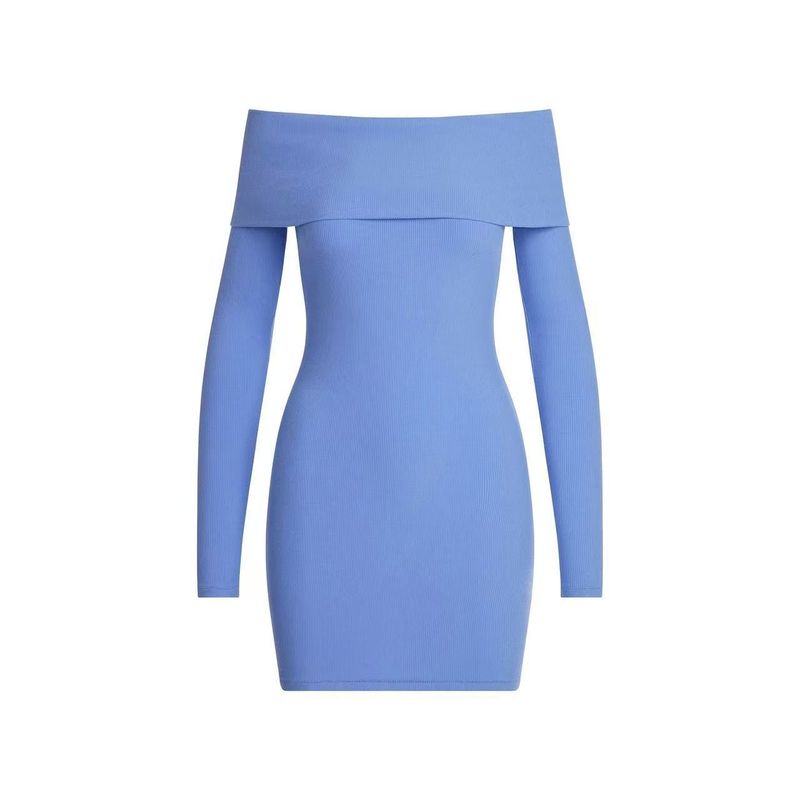 

2025 New Arrival Skims off-Shoulder Shoulder-Baring Dress Short Skirt Silm Slim Looking Sexy Temperament Long Sleeve Spring and Autumn Blue L