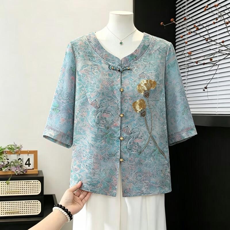 Elegant Chinese Style Floral Summer Shirt for Women