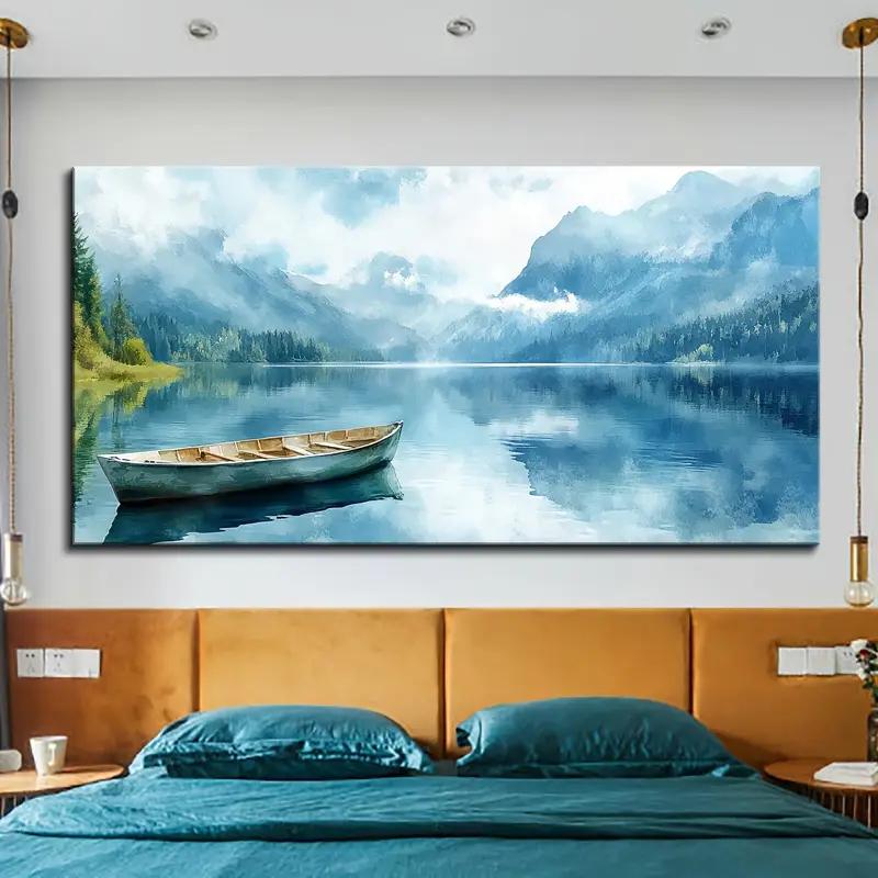 Płótno bez ramy o grubości 1,5 cala - Spokojne jezioro góry niebo krajobraz z obrazem łodzi, Nowoczesne dekoracyjne inspirowane naturą