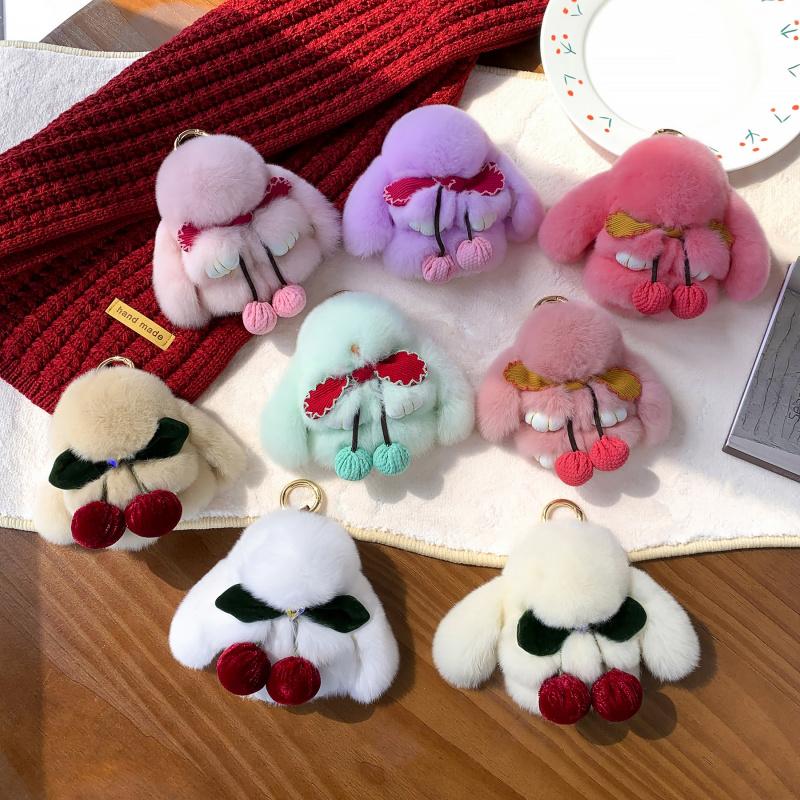 Cute Plush Rabbit Keychain With Bow Doll Keyring Soft Stuffed Animal Bag Charm Real fur Bunny Pendant Accessory for Girls Gifts