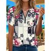 Directional Casual Zipper V-neck Short-sleeved Printed T-shirt with High Elasticity