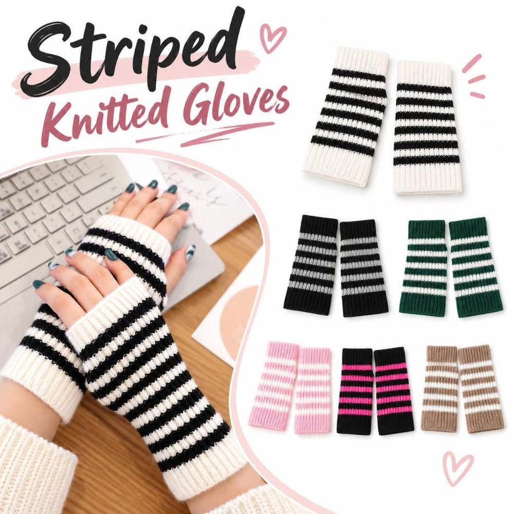 Fingerless Knitted Mittens Striped Wrist Warmers Gifts Arm Warmers  Daily Outfits