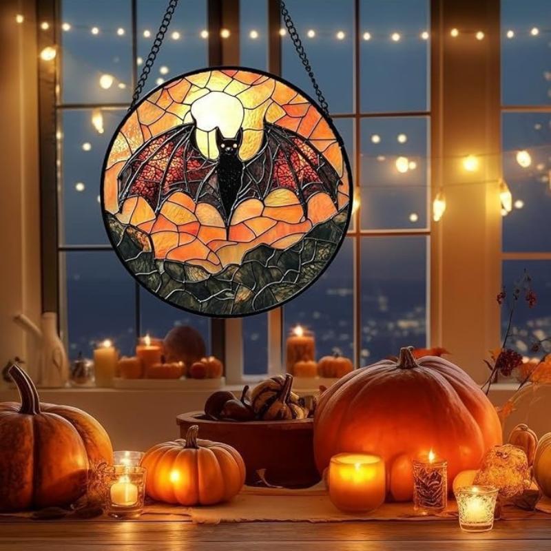 Halloween Stained Glass Pumpkin Suncatcher Adorable Ghost Design Hanging Window Decor for Indoor Outdoor Holiday Party