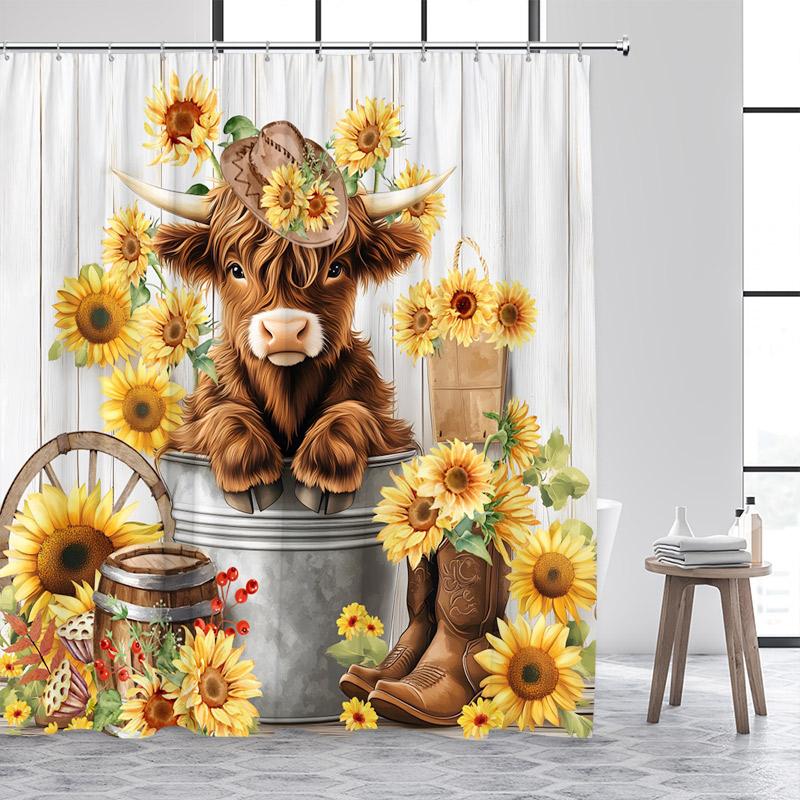 Funny Bathing Highland Cattle Shower Curtains Brown Farm Animal Cow Old Newspaper Fabric Bathroom Bath Curtain Decor With Hooks