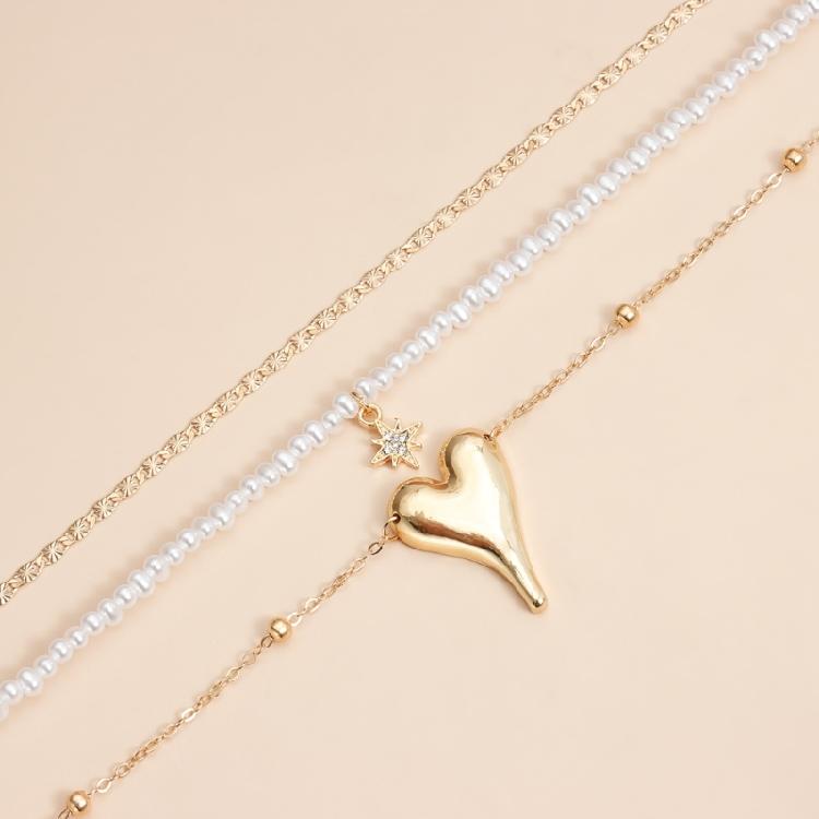 Artistic Irregular Heart Star Imitation Pearls Alloy Necklace Multi Layer Neckchain For Unique Fashion Accessories
