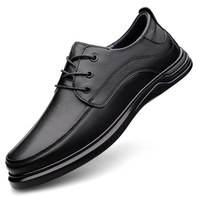 Men's Spring Leather Casual Business Lace-up Shoes - Genuine Leather, Comfortable, Large Sizes Available