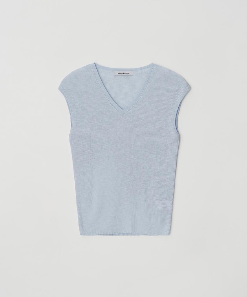 Meojiaenminggeul Rosé Soft Sheer Rib Short Sleeve V-Neck Knit Top (Cotton Blue)