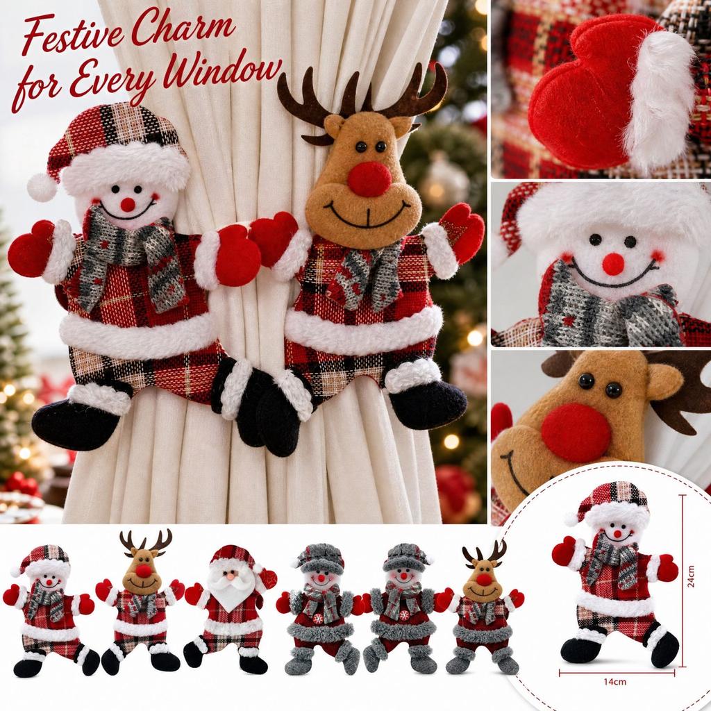 Christmas Curtain Tiebacks and Clips with Bear Snowman and Tree Designs for Holiday Window Decor