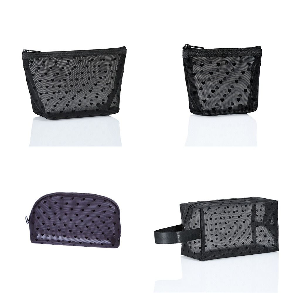 Large Capacity Love Heart Mesh Makeup Bag Zipper Transparent Cosmetic Bag Portable   Girls