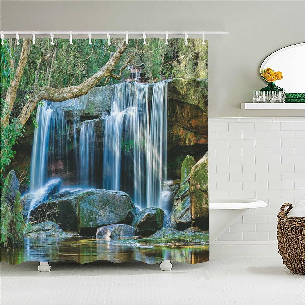 3d Printed Natural Forest Landscape Shower Curtain Waterproof Fabric Waterfall Bathroom Curtains Wall Decoration Large 300x180