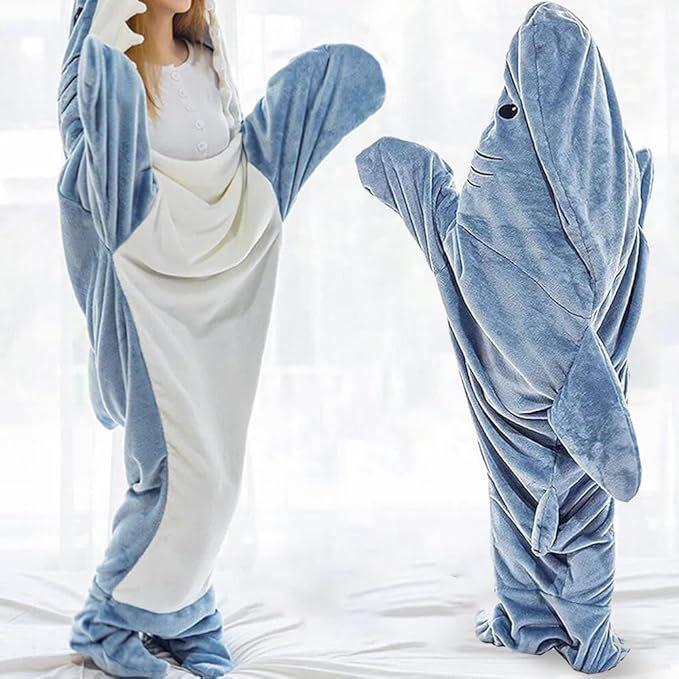 Autumn-Winter Cartoon Shark Flannel Sleeping Bag – Warm, Thick, One-Piece for Couples & Adults
