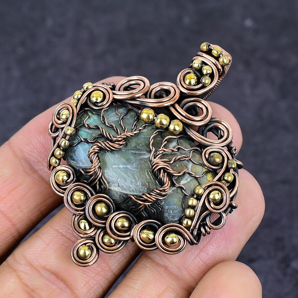 Labradorite Gemstone Copper Wire Wrap Jewelry Pendant 2.25"