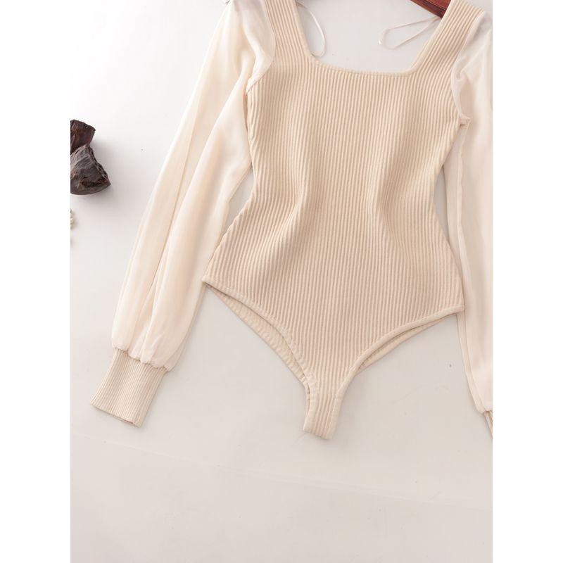Foreign Trade Original Order Square Collar Pure Desire Chiffon Long Sleeve One-Piece Briefs Autumn and Winter Inner Wear Sexy Slim Fit Knitted Top