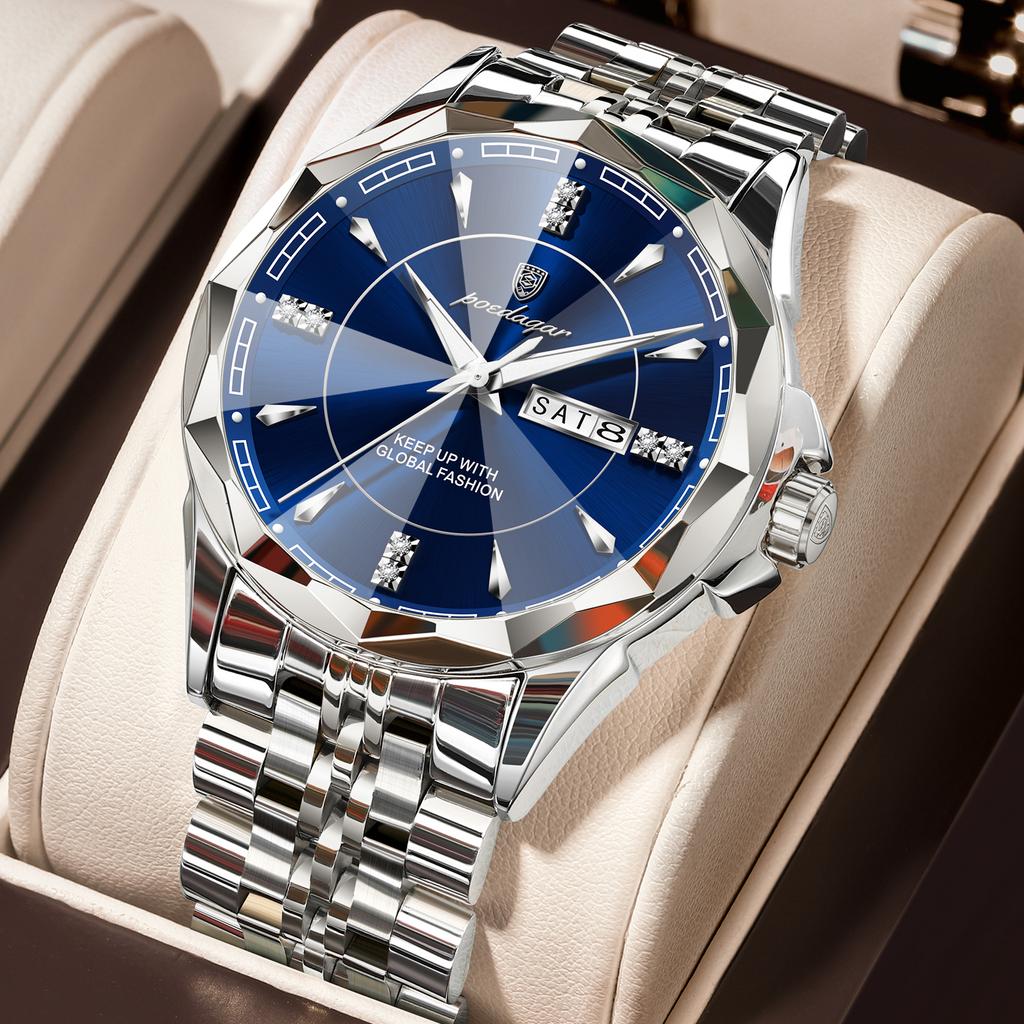 POEDAGAR Top Fashion Man Clock Business Waterproof Luminous Date Week Wristwatch Quartz Stainless Steel Casual Watches