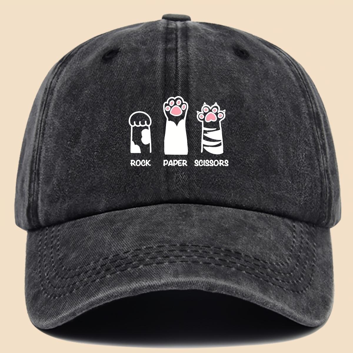 Fun Cat Paw Print Rock Paper Scissors Baseball Cap Black Vintage Dad Hat, Adjustable Unisex