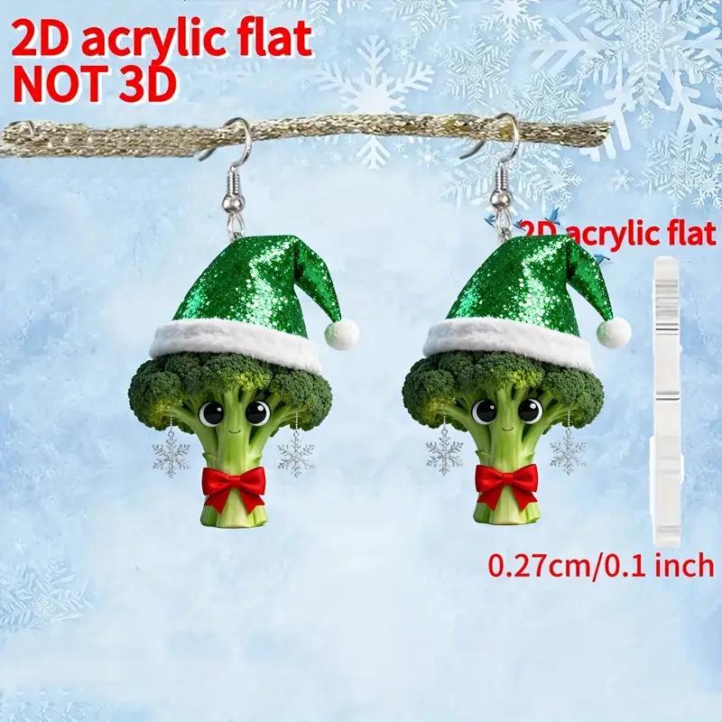 Funny Broccoli & Snowflake Earrings with Christmas Hat - Acrylic Festive Accessories Single Acrylic Earring (No Ear Hook)