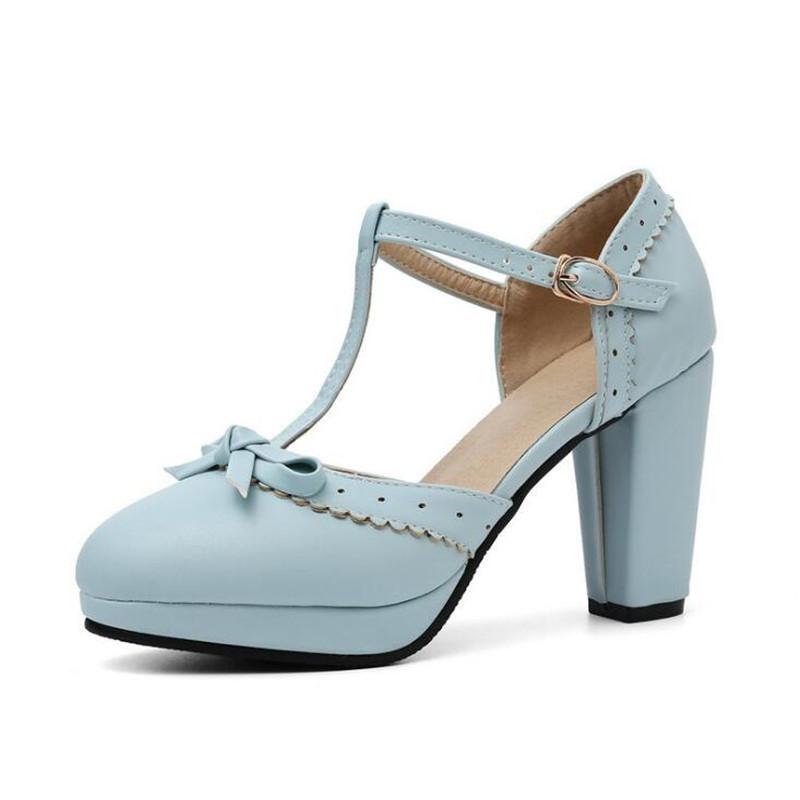Girls' Shoes New Women Mary Janes Pumps T-Strap Women 8cm Spike Heels Shoes Bowtie Lolita Shoes Buckle Strap Wedding Bridal Shoe