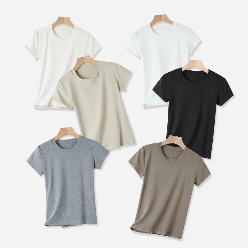 Summer new front shoulder crew neck short-sleeved shirt women's trendy solid color inner layer slim slimming bottom top
