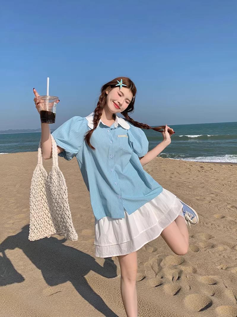 

Plus Size Women s Summer Doll Collar Shirt & Skirt Two-Piece Set - Fresh, Youthful, and Sweet. XXXL