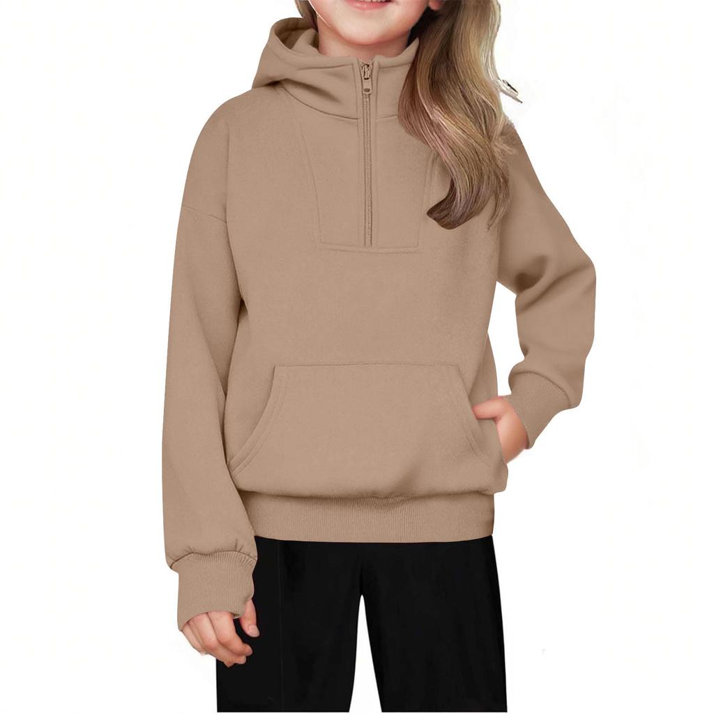 Children's Relaxed Fit Half-Zip Sweatshirt Fleece-Lined Girls' Solid Color Hooded Sweatshirt