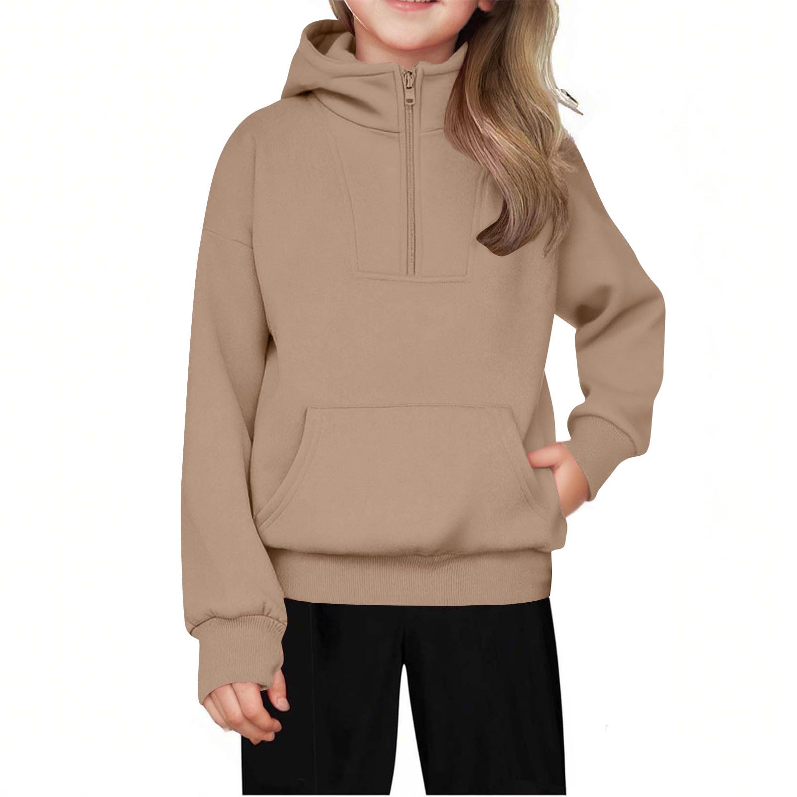 Children s Relaxed Fit Half-Zip Sweatshirt Fleece-Lined Girls  Color Hooded Sweatshirt 160 хаки