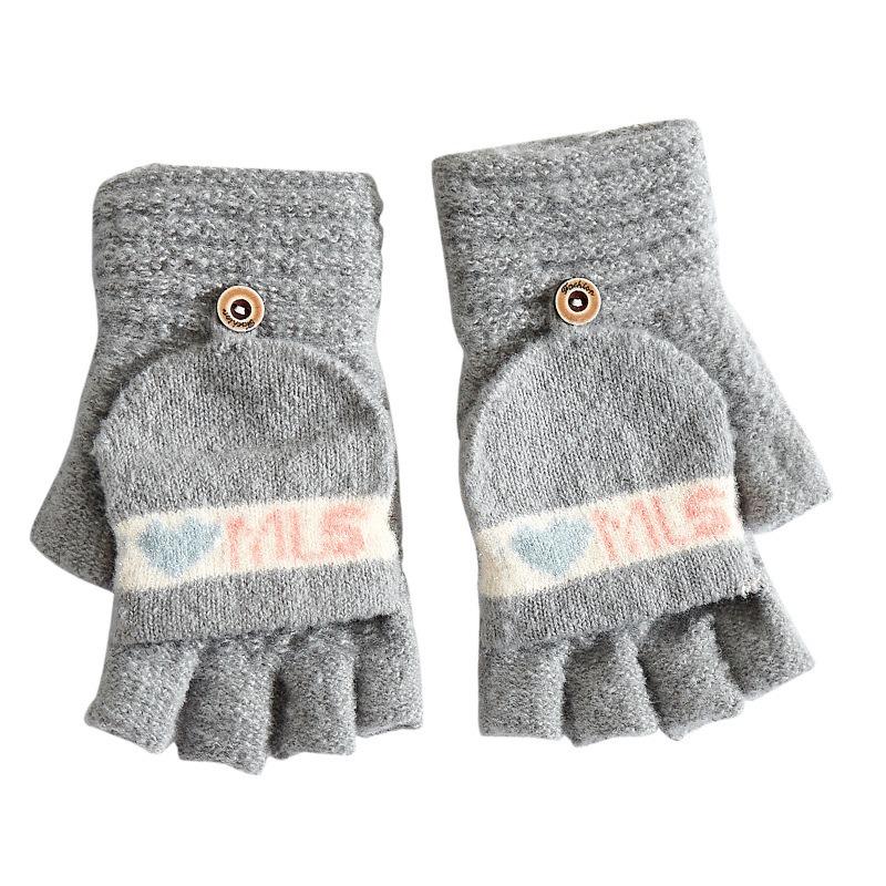 Winter Cute Gloves Winter Ladies Thickened Student Writing Half Finger Flip Warm Knitted Wool Cold