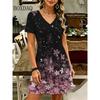New Casual Flowers Printing Short Sleeve Dress Women's Fashion Plus Size Summer Retro Women's V-Neck Loose Dress