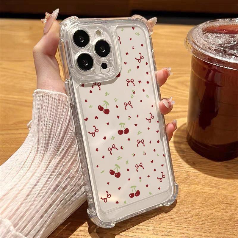 

Для iPhone 16 Pro Max 16E 15 Pro 14 13 12 11 чехол Cherry Pattern тонкий противоударный прозрачный мягкий силиконовый защитный чехол для линз телефона iPhone 16e