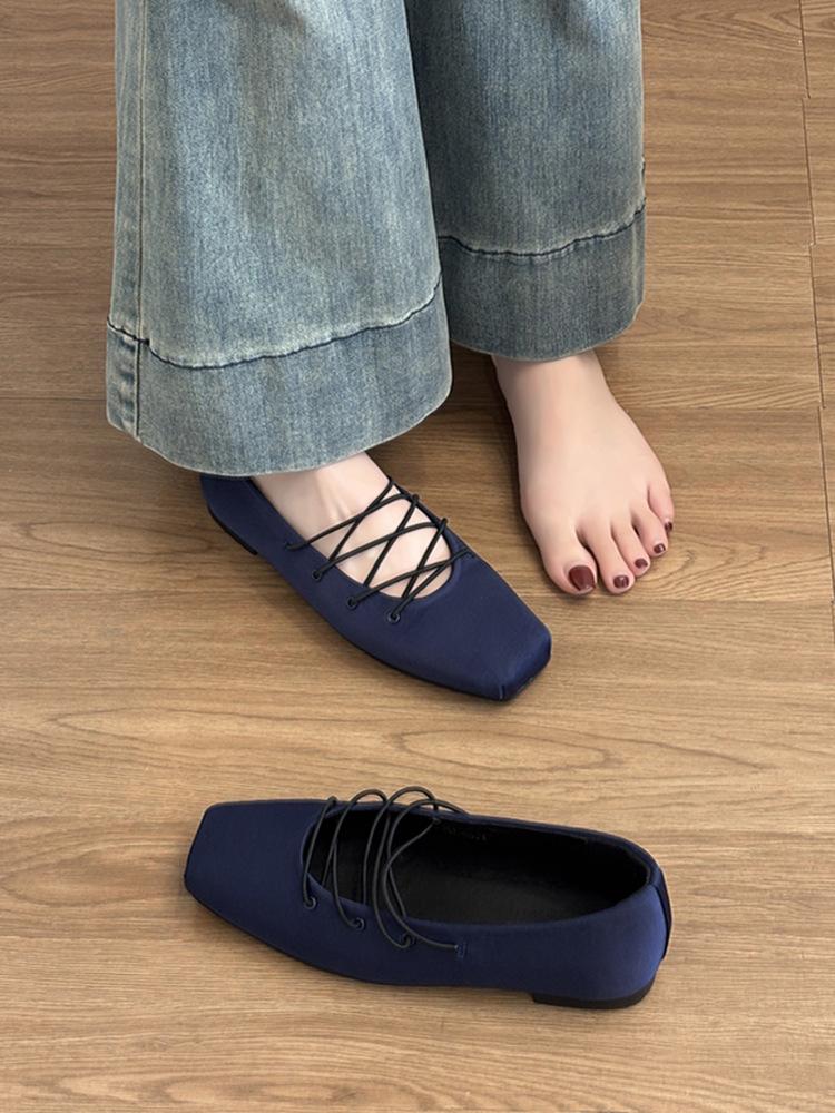 Sheepskin version~ New satin Mary Jane square head cross strap versatile ballet shoes light mouth versatile flat shoes