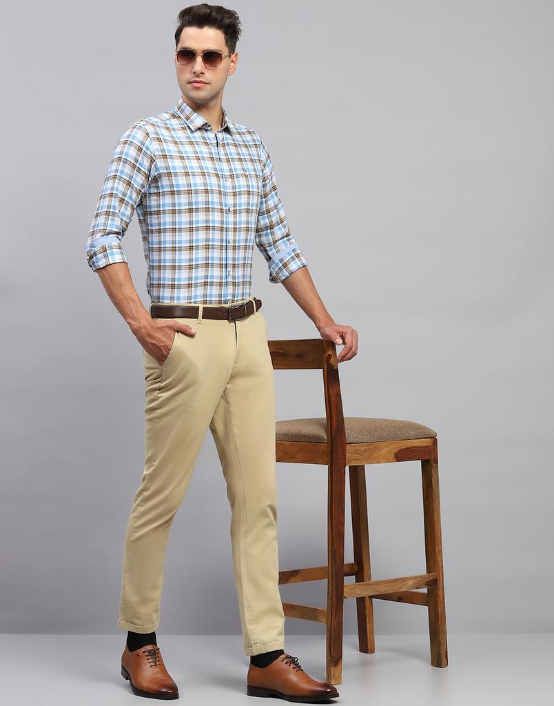 Monte Carlo Mens Blue Checkered Spread Collar Full Sleeve Casual Shirt