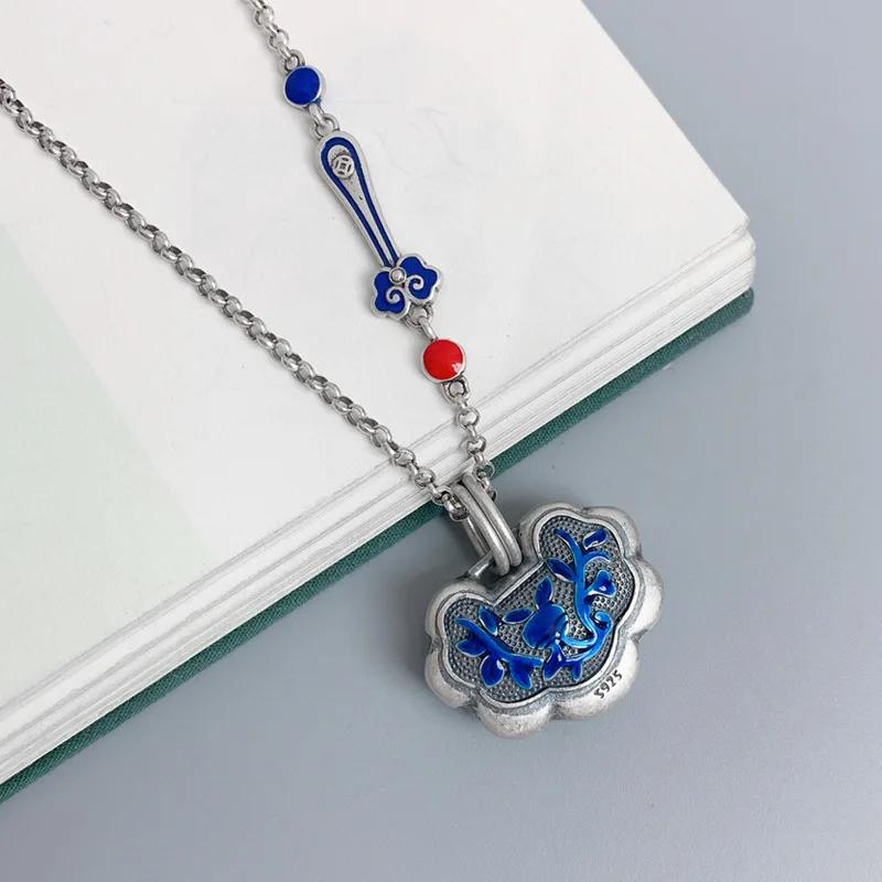 Original   Faceted Blue Orchid Enamel Ruyi Necklace For Women Charms Exquisite Pendant Clavicle Chain Banquet Jewelry